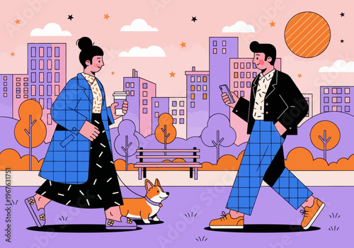 Couple walking corgi dog in city park at sunset. Flat vector illustration of urban lifestyle, people holding coffee and using smartphone in autumn public garden.