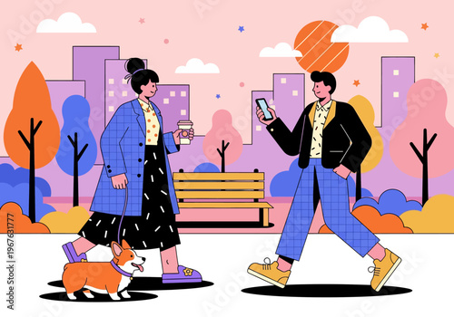 Couple walking corgi dog in city park at sunset. Flat vector illustration of urban lifestyle, people holding coffee and using smartphone in autumn public garden.