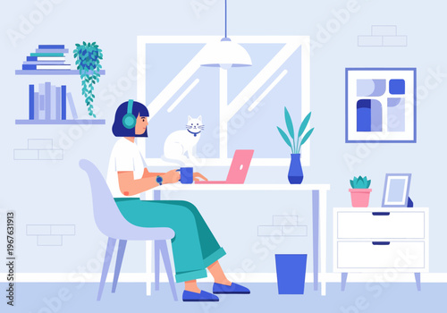 Freelancer Woman Working from Home on Laptop with White Cat, Modern Flat Vector Illustration of Cozy Workspace.