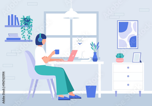 Freelancer Woman Working from Home on Laptop with White Cat, Modern Flat Vector Illustration of Cozy Workspace.