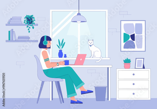 Freelancer Woman Working from Home on Laptop with White Cat, Modern Flat Vector Illustration of Cozy Workspace.