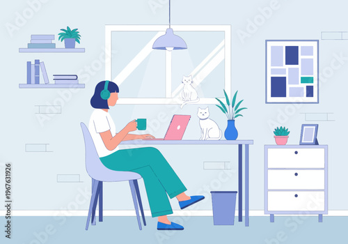 Freelancer Woman Working from Home on Laptop with White Cat, Modern Flat Vector Illustration of Cozy Workspace.