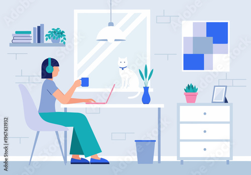 Freelancer Woman Working from Home on Laptop with White Cat, Modern Flat Vector Illustration of Cozy Workspace.