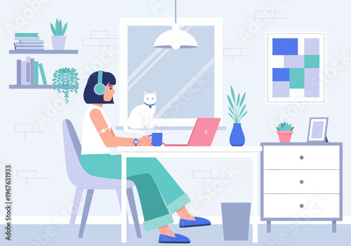 Freelancer Woman Working from Home on Laptop with White Cat, Modern Flat Vector Illustration of Cozy Workspace.