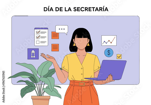 Secretary Day illustration with woman holding laptop. Administrative assistant concept with business icons, checklist, and growth charts. Perfect for professional office celebration.