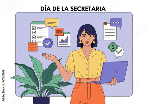 Secretary Day illustration with woman holding laptop. Administrative assistant concept with business icons, checklist, and growth charts. Perfect for professional office celebration.
