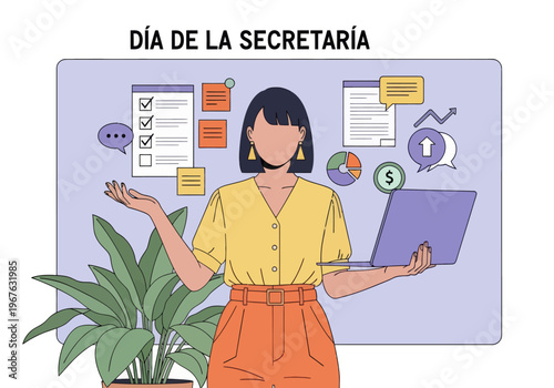 Secretary Day illustration with woman holding laptop. Administrative assistant concept with business icons, checklist, and growth charts. Perfect for professional office celebration.