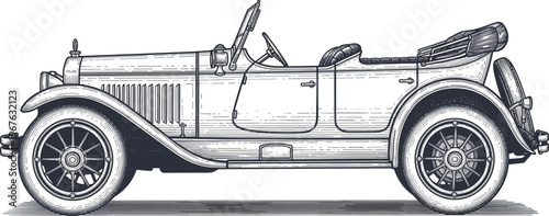 A vintage convertible car is depicted in a detailed black and white illustration