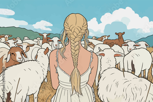 Young woman with braided hair stands among sheep in a field with hills and clouds in the background on a sunny day