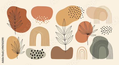 Abstract organic shapes and botanical line art elements collection.