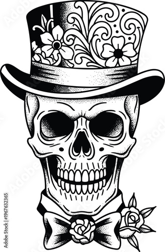 A skull wearing a top hat and bow tie with floral designs