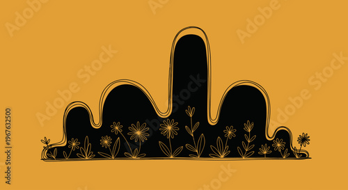 Abstract silhouette of a surreal landscape with glowing flowers.