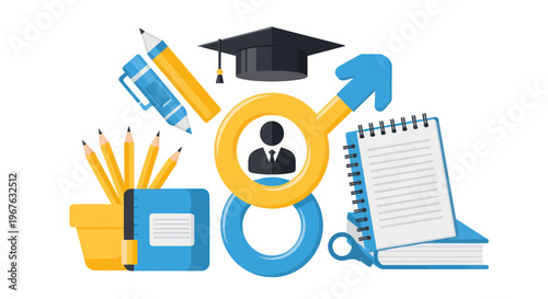 Education and Career Concept: Male Symbol with Graduation Cap, Pencils, Notebooks