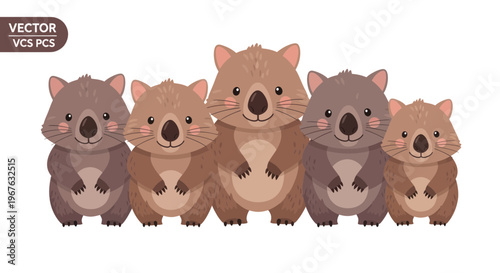 Cute Wombat Family Illustration - Adorable Australian marsupials in a row