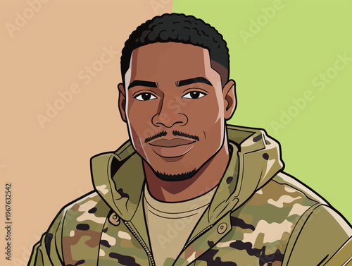 Soldier in military uniform stands with a neutral expression and a simple background, focused on the viewer during a digital artwork creation