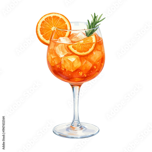 Watercolor aperol spritz illustration, orange cocktail with ice and citrus garnish isolated on white background