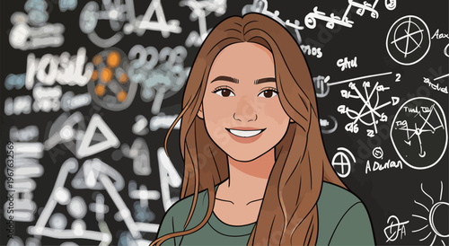 Young woman smiling in front of blackboard with math and science symbols created by students at school on a weekday