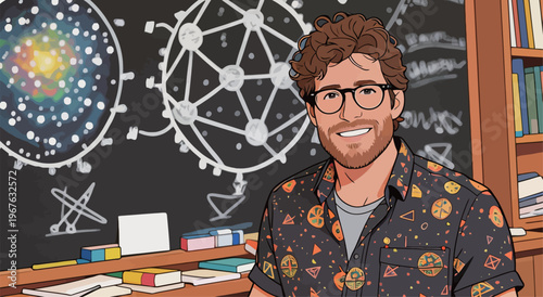 Person stands in front of blackboard with space drawings and books on shelves in classroom setting during daytime