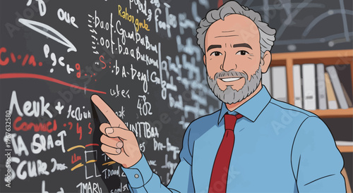 Man points at a blackboard covered with notes and diagrams in an office setting while explaining concepts to a group