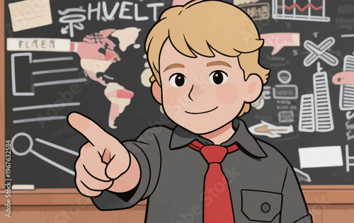 Young boy pointing in front of a classroom blackboard with maps and charts in a school setting