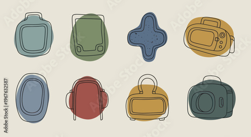 Collection of Abstract Backpacks and Bags in Various Shapes and Colors.