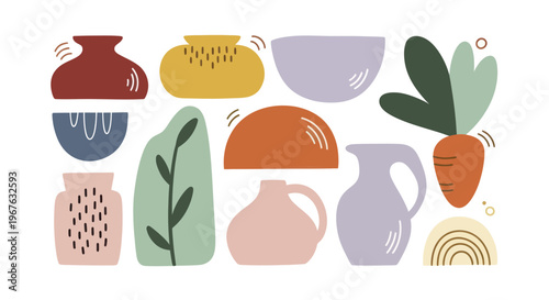 Collection of Abstract Ceramic Vases and Bowls in Earthy Tones.