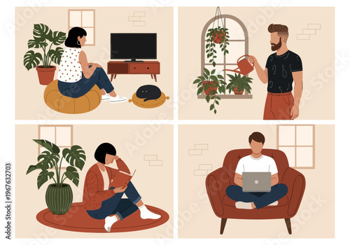 Flat vector illustration of people relaxing at home. Man watering plants, woman reading a book, and girl sitting on a bean bag. Cozy indoor lifestyle with houseplants and a sleeping cat.