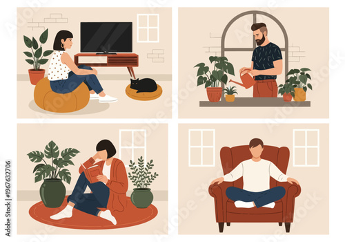 Flat vector illustration of people relaxing at home. Man watering plants, woman reading a book, and girl sitting on a bean bag. Cozy indoor lifestyle with houseplants and a sleeping cat.