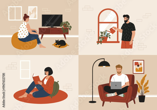 Flat vector illustration of people relaxing at home. Man watering plants, woman reading a book, and girl sitting on a bean bag. Cozy indoor lifestyle with houseplants and a sleeping cat.
