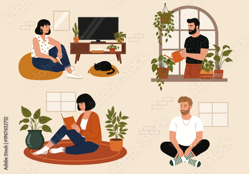 Flat vector illustration of people relaxing at home. Man watering plants, woman reading a book, and girl sitting on a bean bag. Cozy indoor lifestyle with houseplants and a sleeping cat.