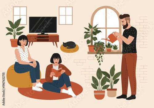 Flat vector illustration of people relaxing at home. Man watering plants, woman reading a book, and girl sitting on a bean bag. Cozy indoor lifestyle with houseplants and a sleeping cat.