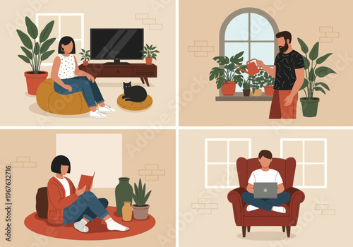 Flat vector illustration of people relaxing at home. Man watering plants, woman reading a book, and girl sitting on a bean bag. Cozy indoor lifestyle with houseplants and a sleeping cat.