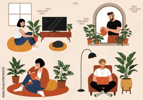 Flat vector illustration of people relaxing at home. Man watering plants, woman reading a book, and girl sitting on a bean bag. Cozy indoor lifestyle with houseplants and a sleeping cat.