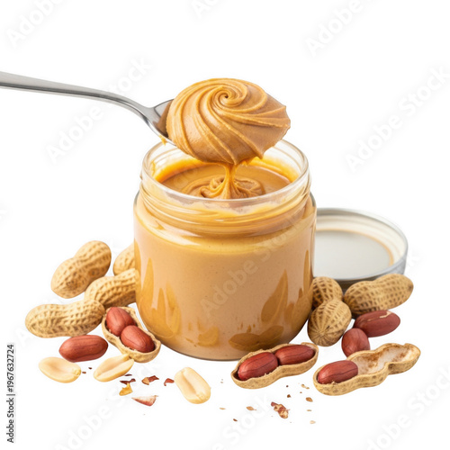 Peanut butter in a glass jar with peanuts and spoonful isolated on transparent background