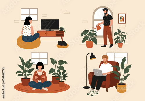 Flat vector illustration of people relaxing at home. Man watering plants, woman reading a book, and girl sitting on a bean bag. Cozy indoor lifestyle with houseplants and a sleeping cat.