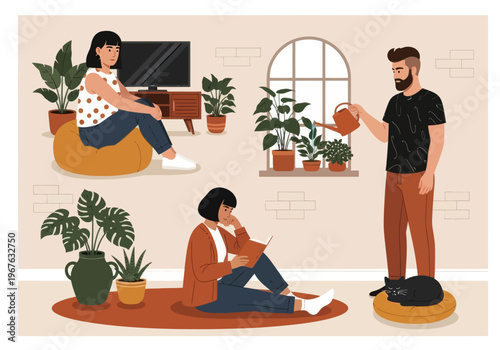 Flat vector illustration of people relaxing at home. Man watering plants, woman reading a book, and girl sitting on a bean bag. Cozy indoor lifestyle with houseplants and a sleeping cat.