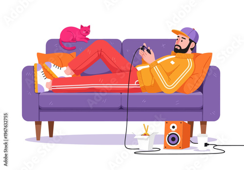 Young man gamer relaxing on a purple sofa playing video games with a cat. Flat vector illustration of a gaming lifestyle with snacks and speakers.