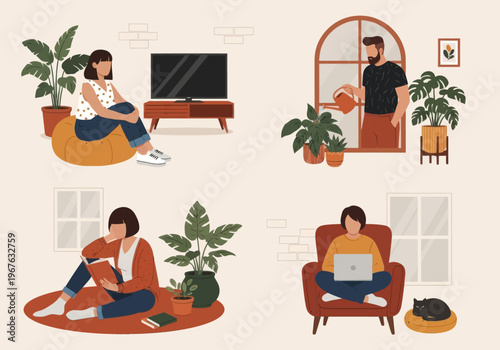 Flat vector illustration of people relaxing at home. Man watering plants, woman reading a book, and girl sitting on a bean bag. Cozy indoor lifestyle with houseplants and a sleeping cat.