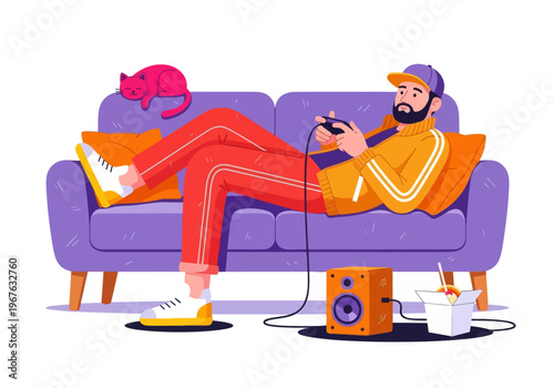 Young man gamer relaxing on a purple sofa playing video games with a cat. Flat vector illustration of a gaming lifestyle with snacks and speakers.