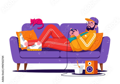 Young man gamer relaxing on a purple sofa playing video games with a cat. Flat vector illustration of a gaming lifestyle with snacks and speakers.