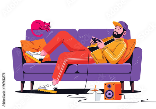 Young man gamer relaxing on a purple sofa playing video games with a cat. Flat vector illustration of a gaming lifestyle with snacks and speakers.