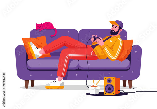 Young man gamer relaxing on a purple sofa playing video games with a cat. Flat vector illustration of a gaming lifestyle with snacks and speakers.