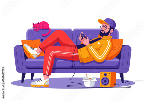 Young man gamer relaxing on a purple sofa playing video games with a cat. Flat vector illustration of a gaming lifestyle with snacks and speakers.