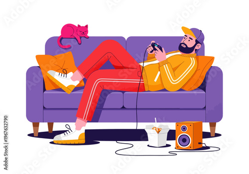 Young man gamer relaxing on a purple sofa playing video games with a cat. Flat vector illustration of a gaming lifestyle with snacks and speakers.