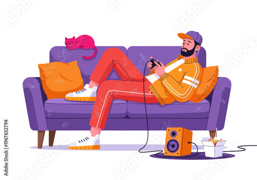 Young man gamer relaxing on a purple sofa playing video games with a cat. Flat vector illustration of a gaming lifestyle with snacks and speakers.