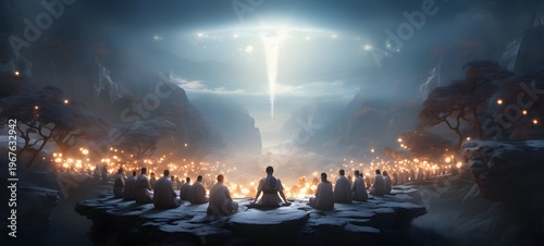 Surreal depiction of Silla-era Koreans simultaneously experiencing blissful Pure Land (Bulgukto) happiness in both the physical world and spirit realm ,generative AI