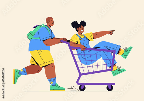 Flat vector illustration of playful African American kids having fun with a shopping cart. Boy pushing girl pointing forward. Colorful modern design for childhood, shopping, or youth concepts.