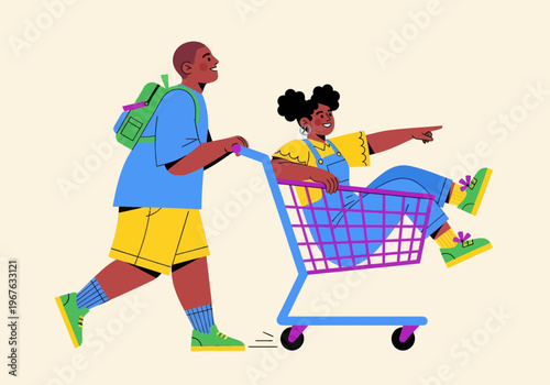 Flat vector illustration of playful African American kids having fun with a shopping cart. Boy pushing girl pointing forward. Colorful modern design for childhood, shopping, or youth concepts.