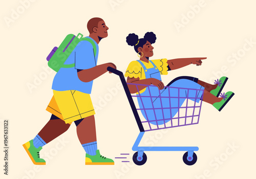 Flat vector illustration of playful African American kids having fun with a shopping cart. Boy pushing girl pointing forward. Colorful modern design for childhood, shopping, or youth concepts.