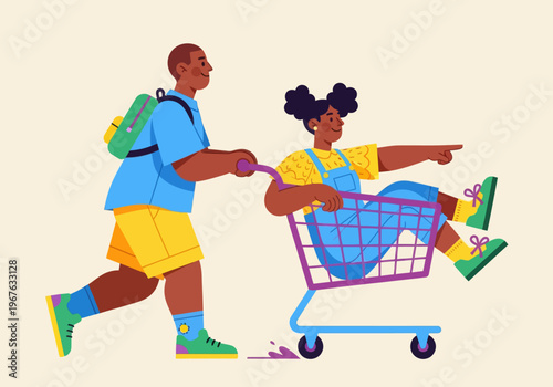 Flat vector illustration of playful African American kids having fun with a shopping cart. Boy pushing girl pointing forward. Colorful modern design for childhood, shopping, or youth concepts.